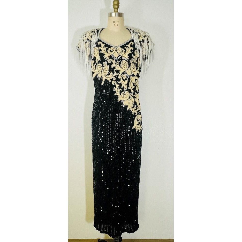 Gatsby Art Deco 80s Glam Black Gold Sequin Fringe Silk Gown Nite Line‎ SZ 6